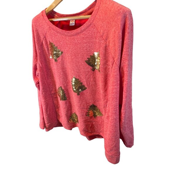Holiday Time Red Crew Neck Long Sleeve Gold Sequin Trees Pullover Shirt Sz 20W - Picture 3 of 10
